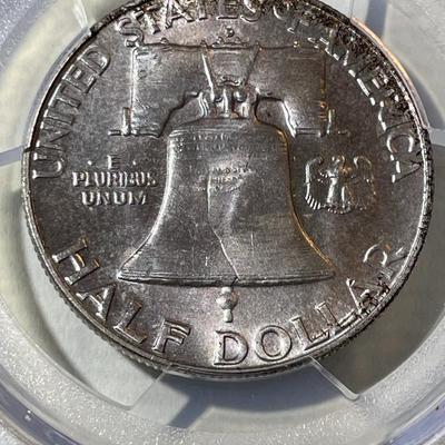 PCGS CERTIFIED 1958-D MS65 SUPERB TONED FRANKLIN SILVER HALF DOLLAR AS PICTURED.