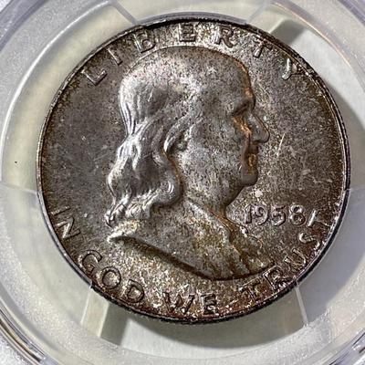 PCGS CERTIFIED 1958-D MS65 SUPERB TONED FRANKLIN SILVER HALF DOLLAR AS PICTURED.
