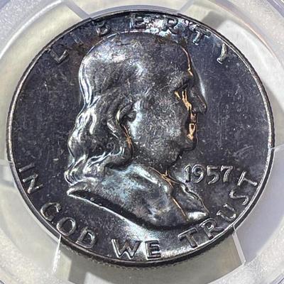 PCGS CERTIFIED 1957-P MS65 SUPERB TONED FRANKLIN SILVER HALF DOLLAR AS PICTURED.