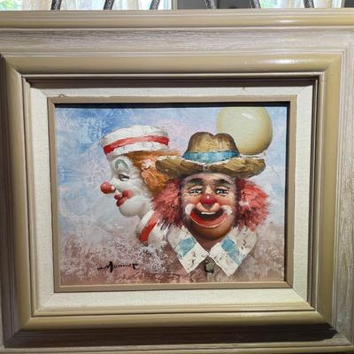 Nice Vintage Oil on Board Painting by William Moninet of Clowns Frame Size 15" x 17" in Very Good Condition.