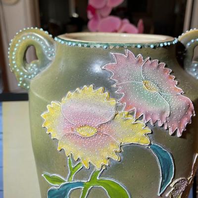 Antique Early 1900's Earthenware NIPPON Hand Painted Unmarked Base Vase 12.35" Tall in Good Preowned Condition