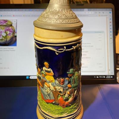 VINTAGE MARZ REMY BEER STEIN WITH LID #2863 FAMILY GATHERING 9" TALL IN GOOD PREOWNED CONDITION.