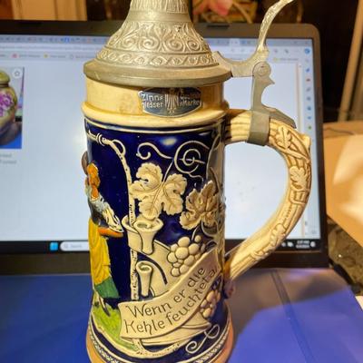 VINTAGE MARZ REMY BEER STEIN WITH LID #2026 No. 19 DANCING FRAULEINS 9" TALL IN GOOD PREOWNED CONDITION.
