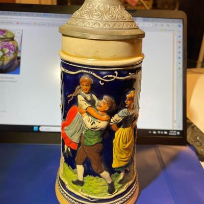 VINTAGE MARZ REMY BEER STEIN WITH LID #2026 No. 19 DANCING FRAULEINS 9" TALL IN GOOD PREOWNED CONDITION.