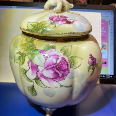 Vintage NIPPON Hand Painted Unmarked Base Covered Footed Bowl 8.25" Tall in VG Preowned Condition as Pictured.