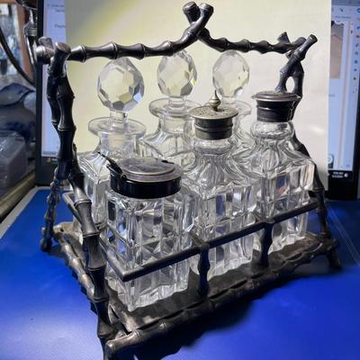 Scarce Victorian Era Dated 1887 Walker & Hall Sheffield England Silver Plated Leaded Glass Cruet Set of 6 w/Carrier 7.5" Tall...