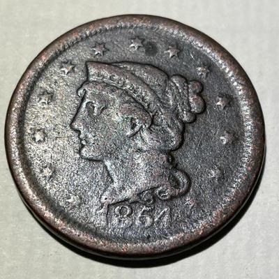 1854 CIRCULATED CONDITION U.S. BRAIDED HAIR LARGE CENT AS PICTURED.