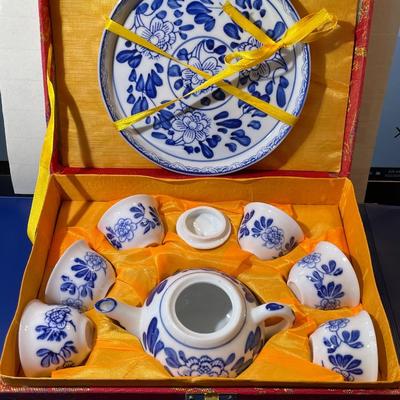 Vintage 9 Piece Chinese Miniature Porcelain Tea Set in Original Brocade Red Box as Pictured.