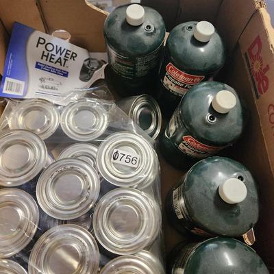 Camping Box lot 5 Coleman Propane tanks & 15 Power Heaters Cans