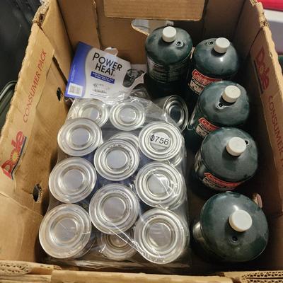 Camping Box lot 5 Coleman Propane tanks & 15 Power Heaters Cans