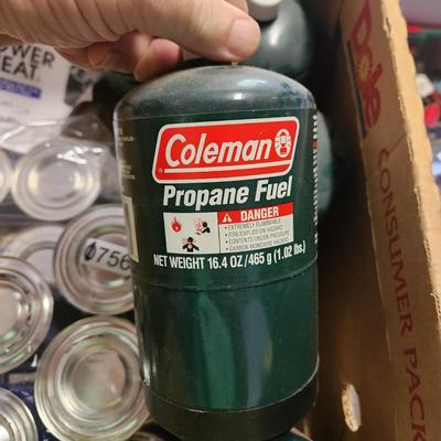 Camping Box lot 5 Coleman Propane tanks & 15 Power Heaters Cans