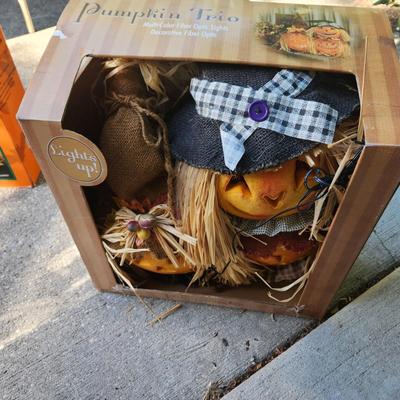 2 Halloween Decorations Tin Cat & Fiber Light Pumpkins