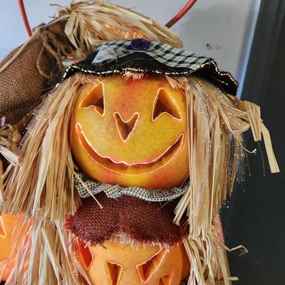 2 Halloween Decorations Tin Cat & Fiber Light Pumpkins