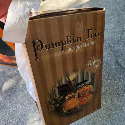 2 Halloween Decorations Tin Cat & Fiber Light Pumpkins