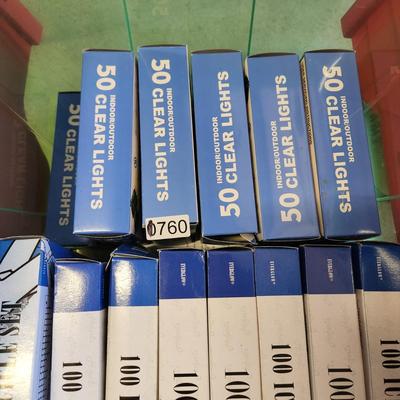 Lot of Christmas String Lights Many New, Extension cord + Storage tote