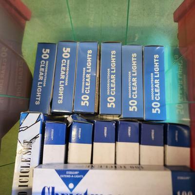 Lot of Christmas String Lights Many New, Extension cord + Storage tote