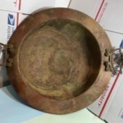 Antique/Primitive 19th Century Copper Wok 15.5" Diameter w/Steel Lion Head Adjustable Handles Preowned from an Estate as Pictured.