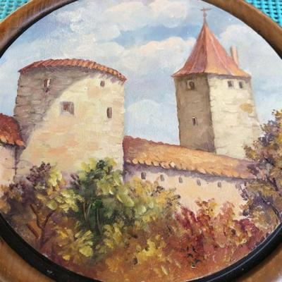 Vintage Echtes Teakholz Handgeformt Hand Painted Wooden Plaque 10" Diameter from an Estate.