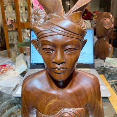 Vintage Balinese Wooden Man Bust Carving 13.5" Tall in Good Preowned Condition. Very Heavy.