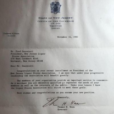 Vintage Thomas Kean NJ Governor Framed Letter Preowned from an Estate in Good Condition as Pictured.
