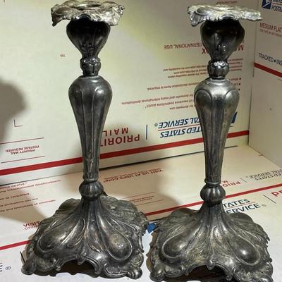 Antique 1800's Pair of Silver-Plated Candle Stick Holder 9.5" Tall in Fair-Good Preowned Condition.