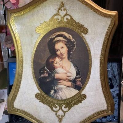 Vintage Mid-Century Italian Florentine Gold Painted Accent Wooden Frame/Plaque of Mother & Daughter 13" x 17".