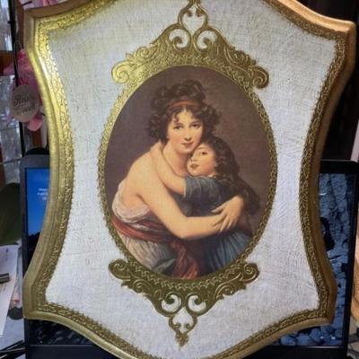 Vintage Mid-Century Italian Florentine Gold Painted Accent Wooden Frame/Plaque of Mother & Daughter 13" x 17".
