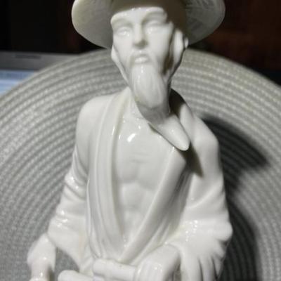 Vintage Asian Porcelain Man w/Cane Figurine 10.25" Tall in Good Preowned Condition.