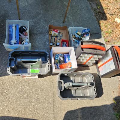 Large Tools Household Hardware Lot, Organizers, Tool Totes, Plumbing , Tire Gauges