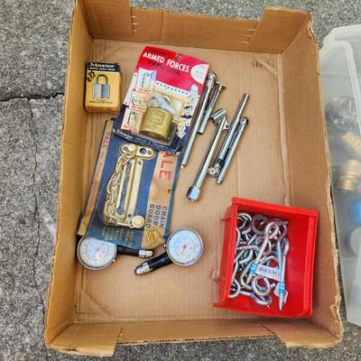 Large Tools Household Hardware Lot, Organizers, Tool Totes, Plumbing , Tire Gauges