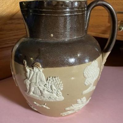 Edwardian Royal Doulton Stoneware Jug/Pitcher Molded Farming Scene, Ca 1905 in VG Preowned Condition 5.75" Tall.