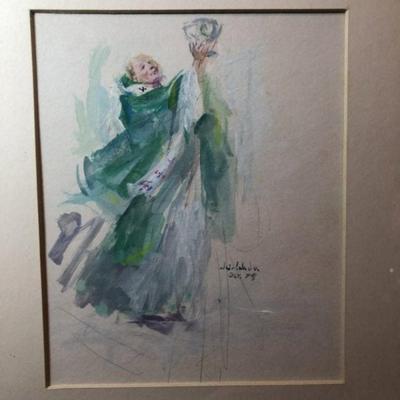 Noted Artist Javier Cabada Priest Watercolor Painted in Peru 1979 12" x 12" Frame Size as Pictured.