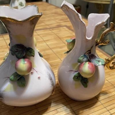 Vintage Lefton China Applied Fruit Pitcher 6" & Vase 5.5" Set Hand Signed by Geo Z. Lefton at the Base in VG Preowned...