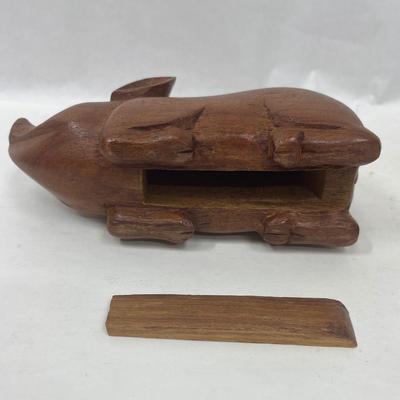 Mid Century Pair of Carved Wood Pig Trinket Boxes Figurines