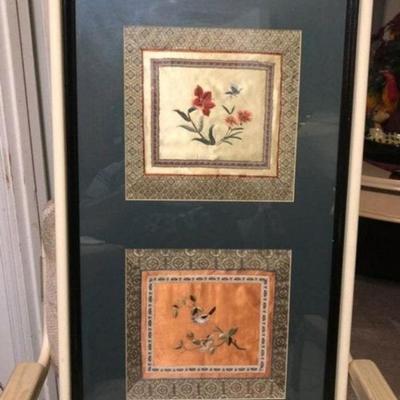 Vintage Asian Silk Tapestry Custom Frame Size 17-1/2in x 31in Preowned from an Estate. No Reserve Bid & No Buyers Premium.