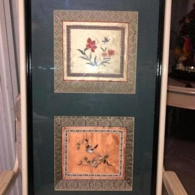Vintage Asian Silk Tapestry Custom Frame Size 17-1/2in x 31in Preowned from an Estate. No Reserve Bid & No Buyers Premium.