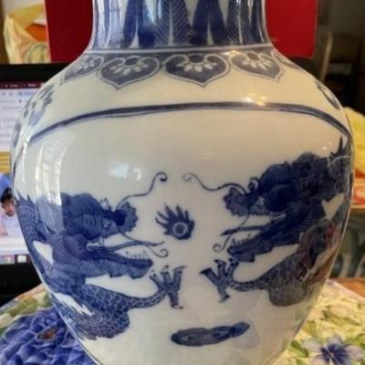 Chinese Blue & White Dragon Jar/Vase Heavy Porcelain Body Boldly Painted in Cobalt Blue w/4 Four-Clawed 12-1/2" Tall Preowned...