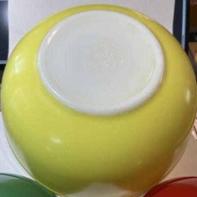 3 VINTAGE Pyrex "Primary Colors Set" aka "400 Series" Nesting Bowls Milk Glass in Fair-Good Preowned Condition.
