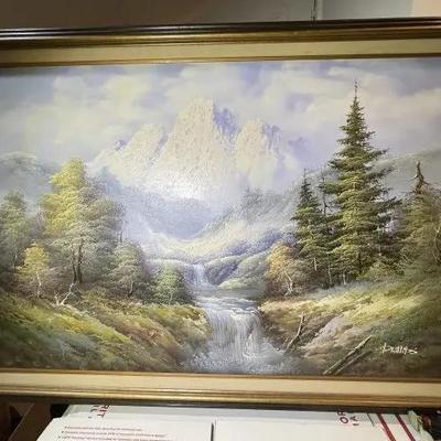 Large Mid-Century Oil/Acrylic on Canvas Landscape Scene Signed by PHILLIPS Frame Size 29" x 40.50" in Good Preowned Condition.