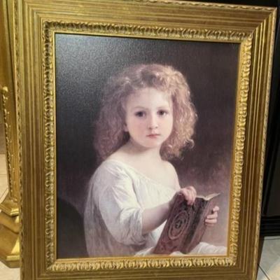 Vintage "The Storybook" Oil Painting Print on Canvas by Bouguereau Frame Size 25.25" x 30" in VG Preowned Condition.