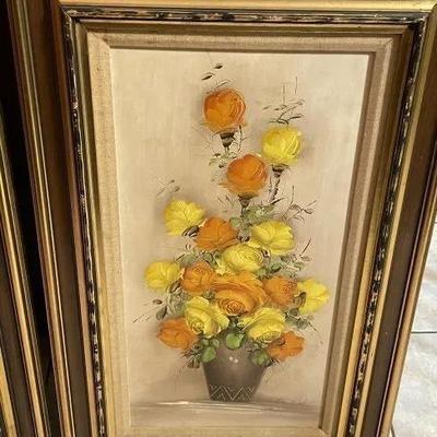 2-Mid Century Pair of Flower Still Life Oil/Acrylic on Canvas Paintings Signed by "ENGLISH" Artist 19.5" x 32" Tall...