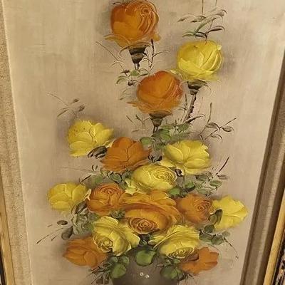 2-Mid Century Pair of Flower Still Life Oil/Acrylic on Canvas Paintings Signed by "ENGLISH" Artist 19.5" x 32" Tall...