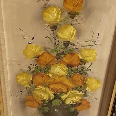 2-Mid Century Pair of Flower Still Life Oil/Acrylic on Canvas Paintings Signed by "ENGLISH" Artist 19.5" x 32" Tall...
