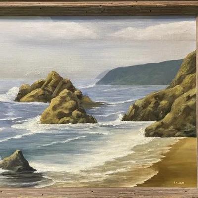 Vintage Oil on Artist Board Seascape c1960's by E. Hallett in a Home-Made Wooden Frame 22.5" x 26.5" Preowned from an Estate.