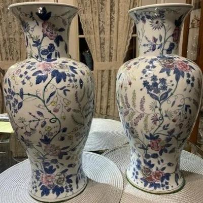 Vintage Pair of Heavy 18" Tall Chinese Floral Porcelain Vases Preowned from an Estate Cleanout as Pictured. Damage FREE.