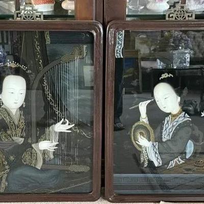 Pair of 2 Vintage Chinese Reverse Glass Paintings 17" x 23" Preowned from an Estate Cleanout in VG Condition.