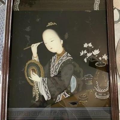 Pair of 2 Vintage Chinese Reverse Glass Paintings 17" x 23" Preowned from an Estate Cleanout in VG Condition.
