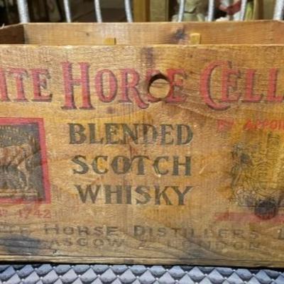 Vintage White Horse Cellar Scotch Whiskey Wooden Crate Box 16.5" x 12" x 9" in Good Condition as Pictured.