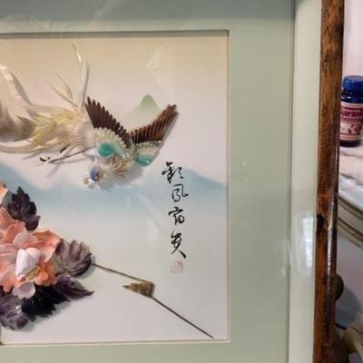 Beautiful Vintage Framed Asian Inspired 3-Dimensional Mother of Pearl Shell Art. Wall Decor Encased Frame Size 15.5" x 27" in...