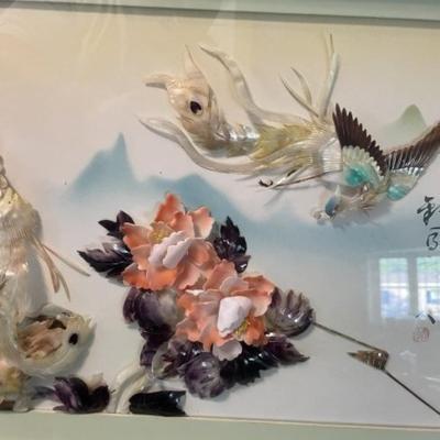 Beautiful Vintage Framed Asian Inspired 3-Dimensional Mother of Pearl Shell Art. Wall Decor Encased Frame Size 15.5" x 27" in...
